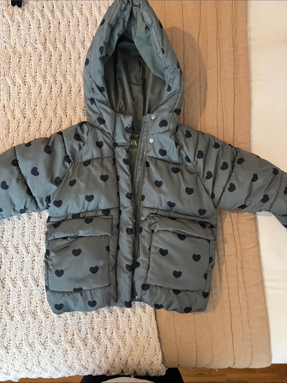 Zara Sage Green Heart-Print Puffer Jacket with Hood